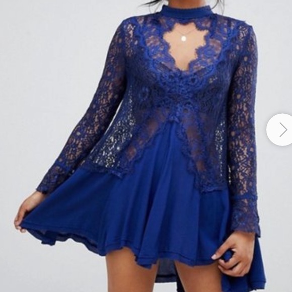 Free People dark blue lace sheer dress size M - Picture 2 of 11